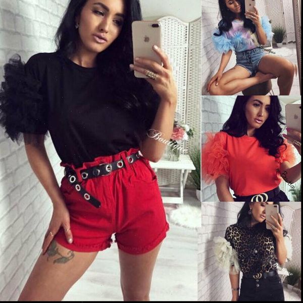 

women blouse 2021 new autumn tulle ruffle short sleeve shirt ladies loose casual round collar leopard print shirt, White