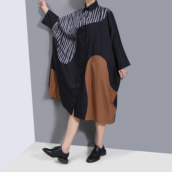 

casual dresses autumn winter dress spliced panelled striped batwing sleeve loose single breasted vintage clothes women wild, Black;gray