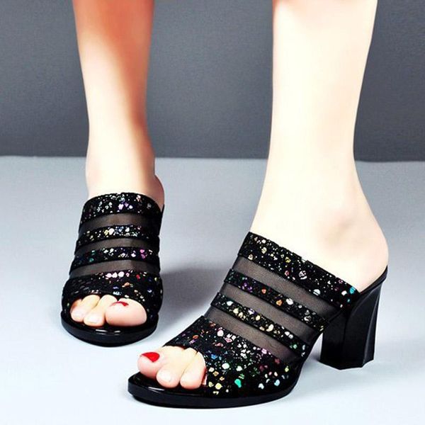 

slippers 2021 summer women high heels bling peep toe pumps glitter dress shoes organza slides mesh ladies shoe beach 9101n, Black