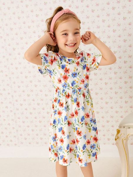 

toddler girls floral round neck dress she, Red;yellow