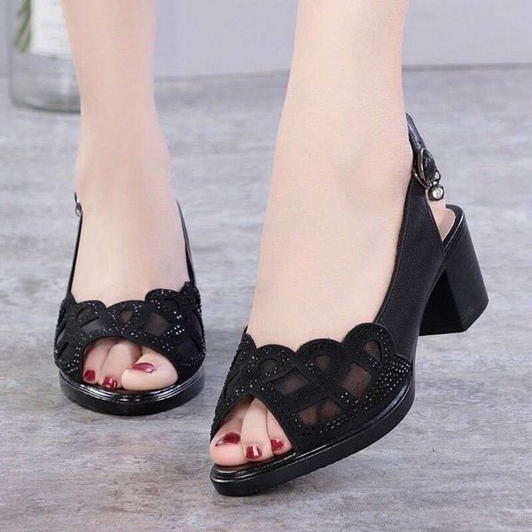 

sandals fashionable women's black word buckle thick heel with hollow soft bottom mom shoes summer mesh 35-40