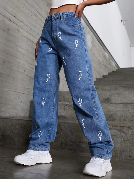 

high waist lightning print jeans h58i#, Blue