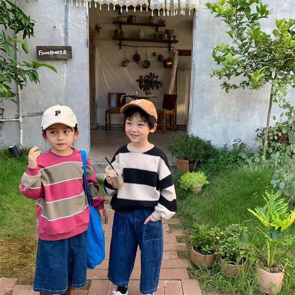 

boys girls korean loose striped sweater 2021 autumn new children's baby sister and brother's clothing top, Black;white