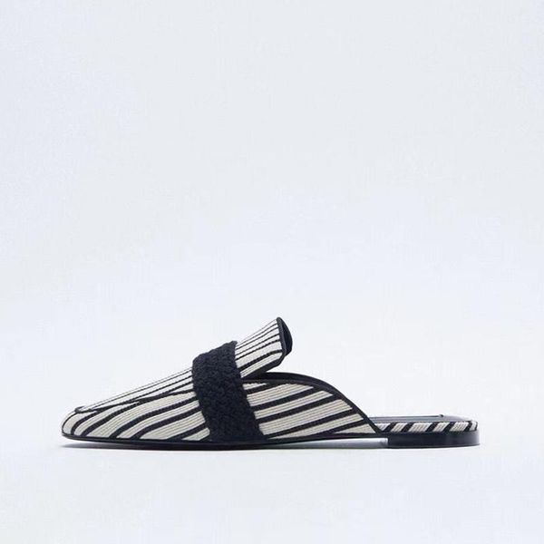 

slippers spring women mules shoes 2021 striped stitching round toe flat fashion casual slides woman, Black