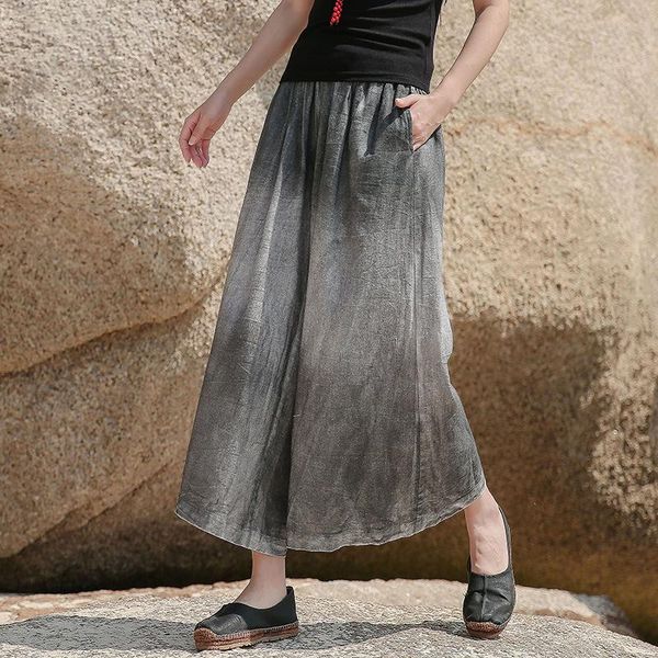 

women's pants & capris qpfjqd ladies elastic waist pocket wide leg 2021 summer women gradual change loose retro trousers cotton linen, Black;white