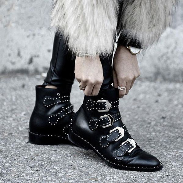 

boots 2021 rivets faux leather booties buckle straps thick heel black ankle women studded decorated woman motorcycle