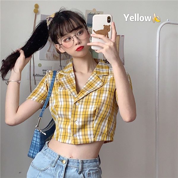 

summer plaid button up crop shirt women 2021 korean vintage black pink elegant streetwear crop shirts ladies 2021, White
