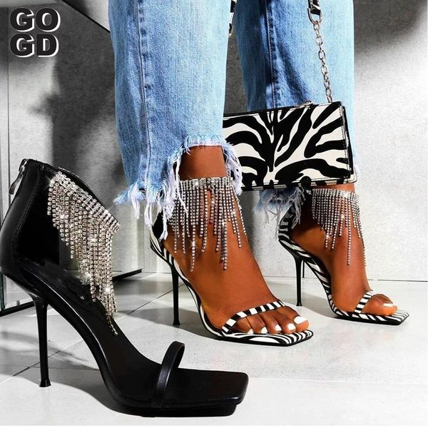

sandals [gogd]summer black bridal dress shoes peep toes wedding women high heels rhinestone ankle straps 2021 fashion
