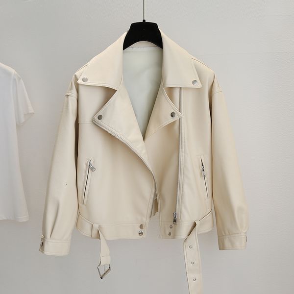 

2021 new spring autumn faux leather short jacket women lapel black motorcycle jackets punk coat vintage zipper outwear with belt tans