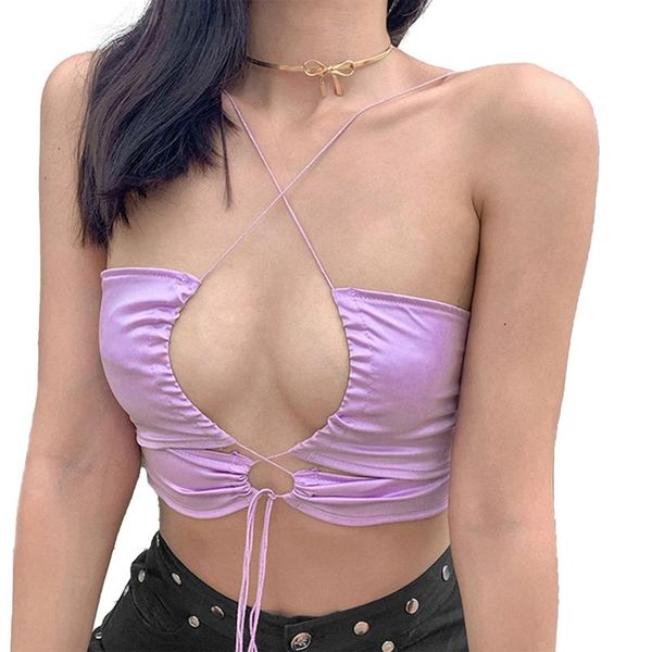 

women's tanks & camis 2021 brand fashion women cross straps solid color wrap bandeaus, open back slim camisole tube, White