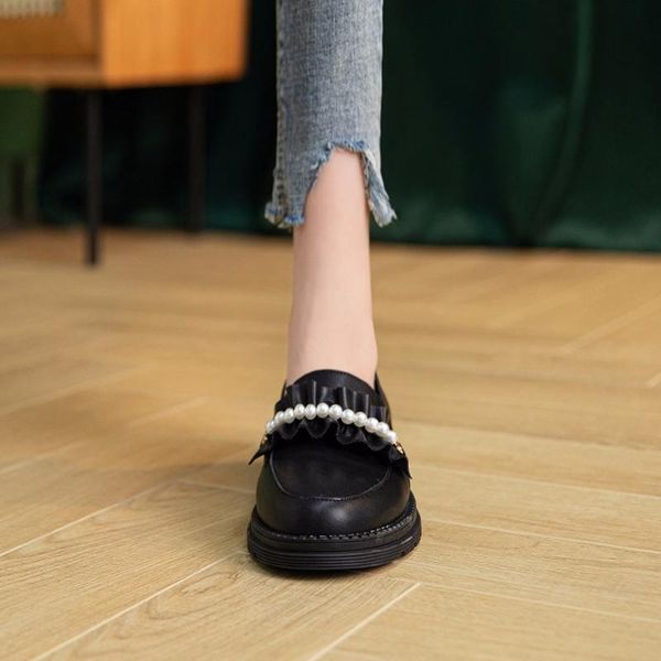 

dress shoes spring thick-soled lace pearl lolita small leather thick and low-heel patent all-match women, Black
