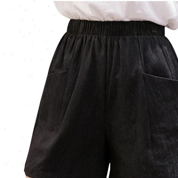 

women cotton linen shorts plus size high elastic waist wide leg pockets shorts summer casual bottoms streetwear woman horts, White;black