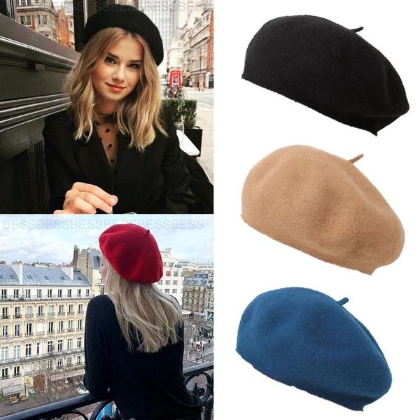 

berets women girls beret french artist warm wool winter beanie hat retro plain solid color elegant ladies spring caps, Blue;gray