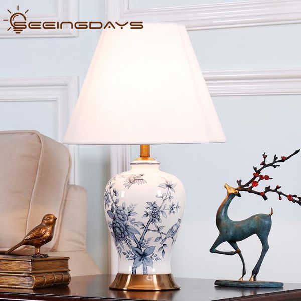 

new chinese blue and white porcelain ceramic table lamp for living room bedroom classical luxury vintage american bedside lamp
