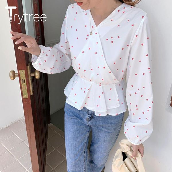 

women's blouses & shirts trytree 2021 spring autumn women casual blouse v-neck puff sleeve red printed geometry office lady ruffles hem, White