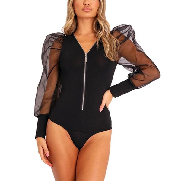 

women's jumpsuits & rompers women puff sleeve bodysuit zip up leotard v neck sheer mesh long bodycon jumpsuit romper blouse 3fs, Black;white