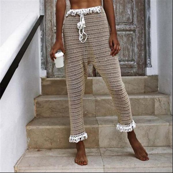 

summer knitted tassel hollow out beach pants women see through mesh trousers women sunscreen crochet pants pantalones mujer, Black;white