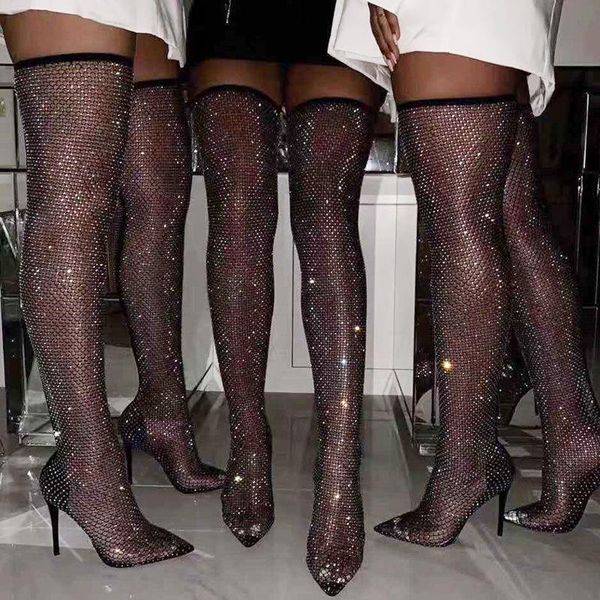 

boots women's shoes sock stretch fabric over the knee women high heels nightclub rhinestone crystal luxury mesh, Black