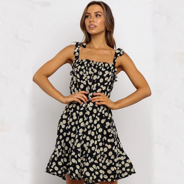 

2021 summer slash neck printing es spaghetti a line sleeveless knee length women wf87, Black;gray