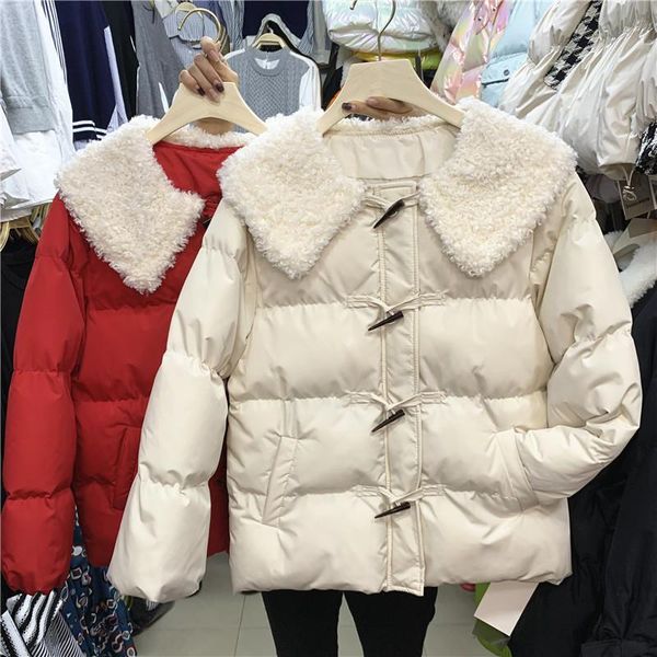 

women's down & parkas 2021 winter horn button cotton coat female loose sweet preppy style lambswool collar single breasted thick padded, Black