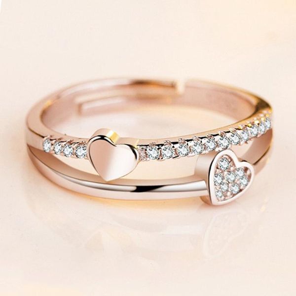 

wedding rings copper plated rose gold double hearts open resizeable female ring crystal women engagement finger anillos wholesale drop, Slivery;golden