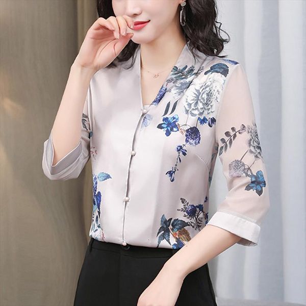 

korean silk fashion floral women blouses v neck button satin print chiffon ol shirt, White