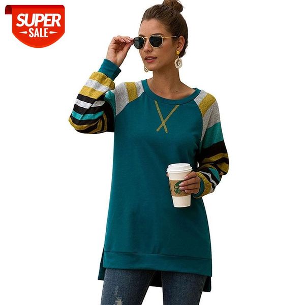 

long sleeve striped patchwork raglan sleeve t-shirt fall 2020 fashion casual loose crew neck front short back long pullover #mo4p, White