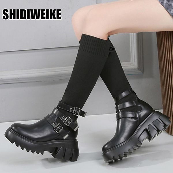 

boots fashion knee-length women's winter round head belt buckle thick-soled leather ladies elastic vc1427, Black