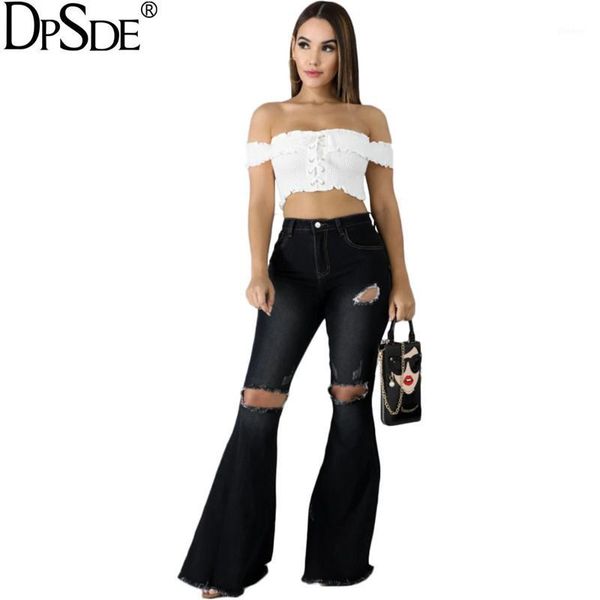 

dpsde new 2020 deep blue autumn casual long pants ripped hole streetwear denim pants zipper skinny show thin flared trousers1
