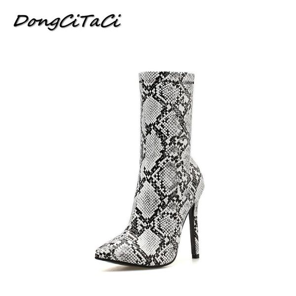 

boots dongcitaci autumn women ankle shoes woman wedding party high heel pumps female snakeskin print leather short booties 35-42, Black