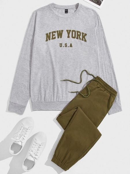 

men letter graphic pullover & drawstring waist pants 60xy#, Gray