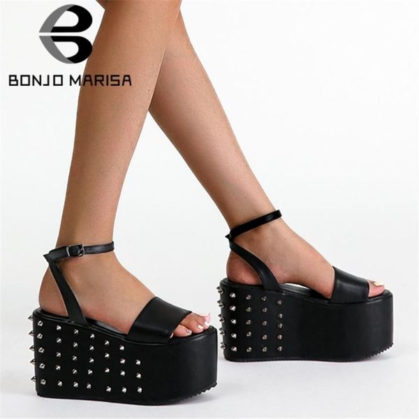 

sandals bonjomarisa fashion ladies open toe platform rivet metal wedges punk 2021 round leisure casual daily walking shoes, Black