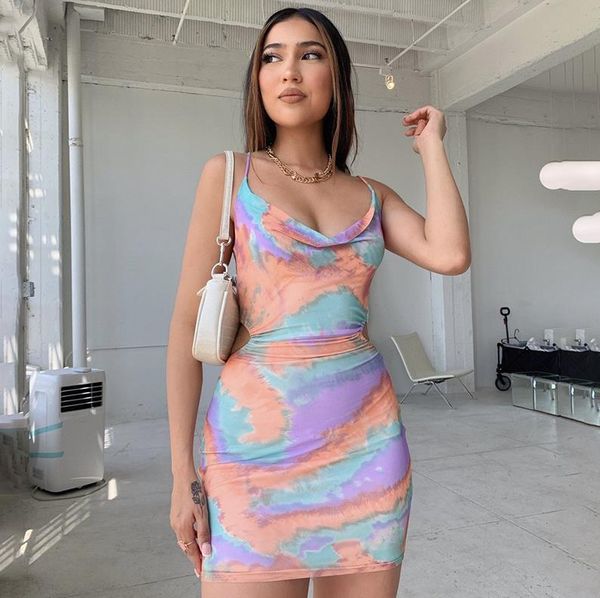 

casual dresses girls y2k women tie-dye sheath summer dress adults female tie up backless low-cut boat neck spaghetti strap datingwear, Black;gray