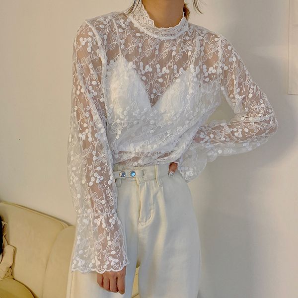 

2021 white mesh sweet lace blouse women long turtleneck spring autumn pagoda shirt ladies x8pi