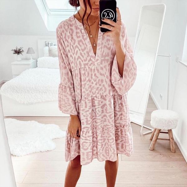 

leopard print long sleeve womens dress v neck spring summer loose a line boho sundress casual beach vestidos robe, Black;gray