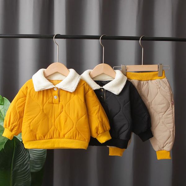 

clothing sets winter warm solid color children set kids 2-piece clothes baby boys velvet liner pullover coat+pant for 1-5 years old, White