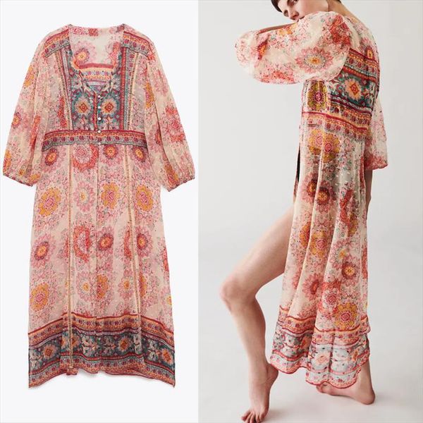 

za summer vintage lace women dresses insert print kaftan puff sleeve slits elegant party woman ruffle long, Black;gray