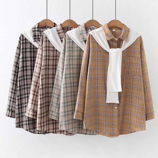 

shawl lace-up stitching loose shirts for women 2021 autumn new simple all-match lapel plaid shirts blouse female casual coat, White