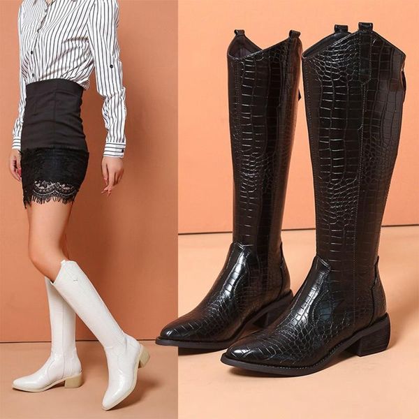 

boots women animal pattern thick high heels winter knee boot pu leather ladies shoes platform zipper female footwear 2021, Black