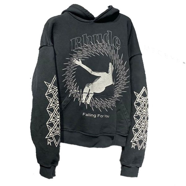 

2021 new rhude hoodie men women 1:1 autumn winter casual oversize graphic print pullovers falling for you sweatshirts nexe, Black