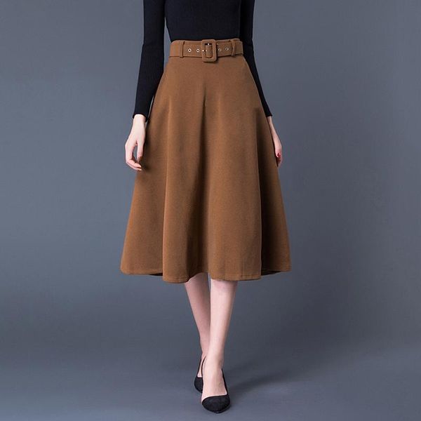 

skirts 2021 autumn winter women's with belt casual high waist a-line solid thicken elegant vintage mid wool skirt khaki, Black