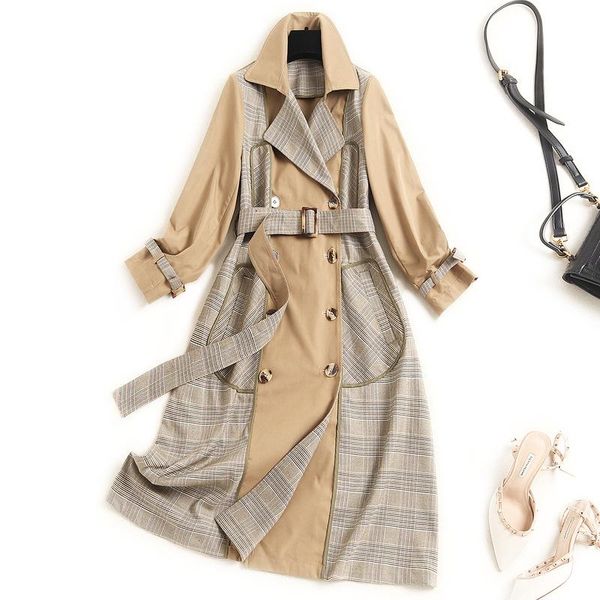 

casual dresses european boutique women's fashion plaid trench dress 2021 autumn lapel double pocket with belt vestido 9833, Black;gray