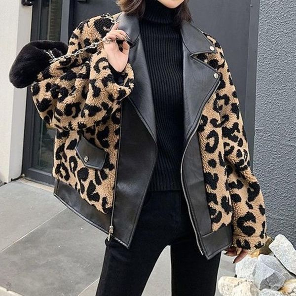 

women's leather & faux women leopard teddy fur jackets outerwear female overcoat jacket winter long coat womens fashion vintage suit, Black