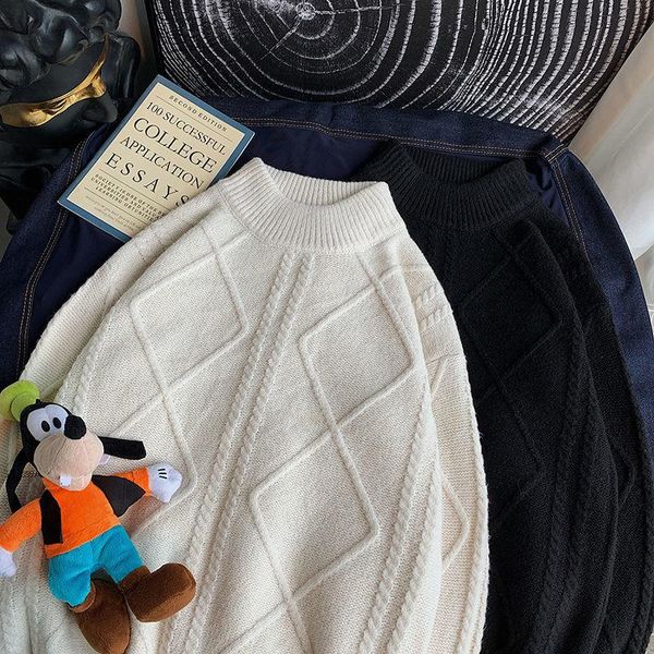 

men's sweaters thicke round neck sweater men's loose knitted jacquard casual all-match long-sleeved pullover jacket trend male clot, White;black