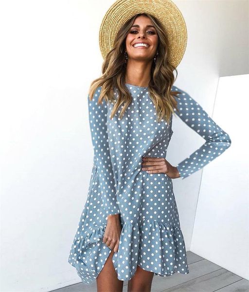 

casual dresses harajuku women spring dress fashion polka dot print ladies clothing long sleeve mini short loose blue 2021 autumn, Black;gray