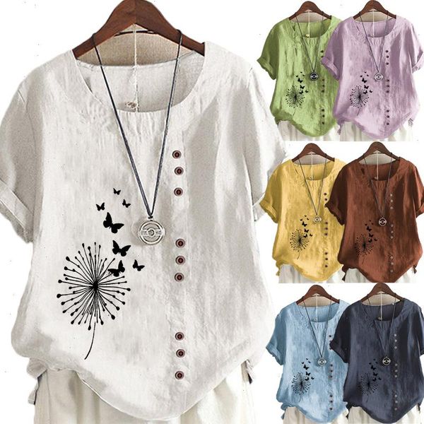 

women s summer dandelion t shirts butterfly printed short sleeve round neck t-shirt ladies casual linen plus size, White
