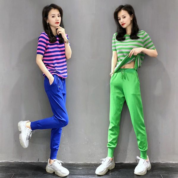 

women's tracksuits 2021 summer fashion knitting two piece set drawstring short sleeve striped knitted high waist long pants women track, Gray