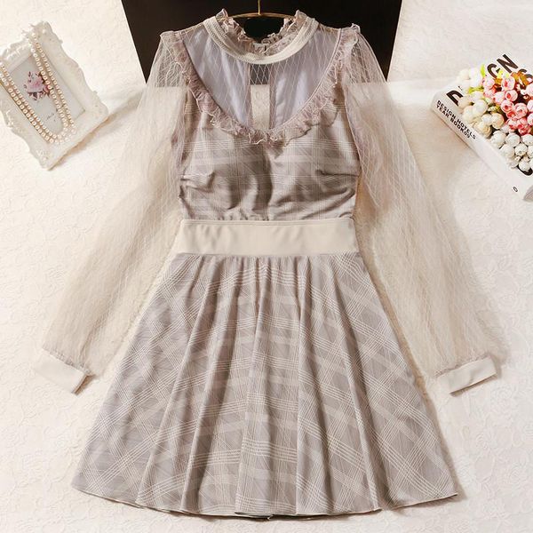 

staerk french retro style long sleeve mesh conservative cover belly show thin one-piece skirt spring student swimsuit