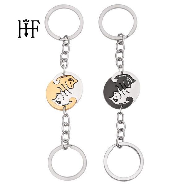 

keychains cute couples jewelry cat dog animal keychain black white lover pendants key chain women men porte clef, Silver