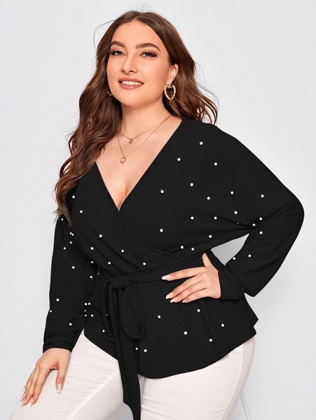 

plus surplice neck dolman sleeve pearls beaded belted 5394#, Black